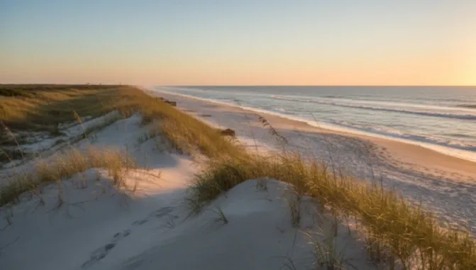 Beach sand near body of water.